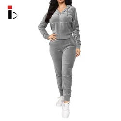 New Long Sleeve Active Jogger Suit Training Sweatsuit Women Fitted Velour Hooded velvet Tracksuit