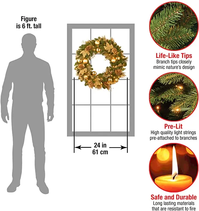 Предварительно зажженный искусственный Золотой Рождественский венок коллекция флокированные с смешанными украшениями и предварительно завязанными белыми светодиодными лампами
