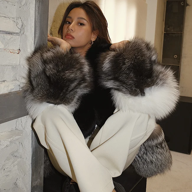 Black Friday Sale QIUCHEN Ready to Ship Fashion Winter Short Luxury Fluffy Womens Cross Sliver Fox Fur Coat 100% Real QC21069