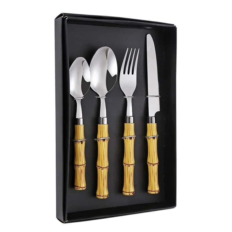 Bamboo Plastic 4 Pieces Western Cutlery Set  Dinner Fork Spoon Knife Utensils Stainless Steel Silverware with Gift Box