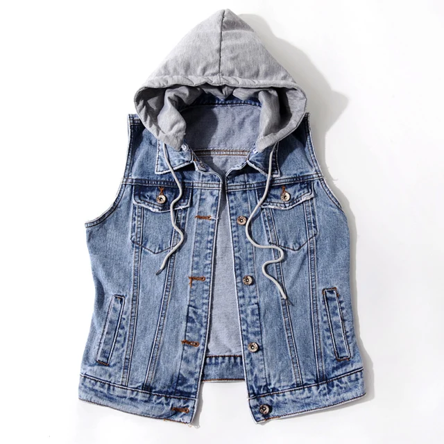 wholesale plus size custom slim short style cotton single buttons turn down collar hooded women sleeveless jacket denim vest