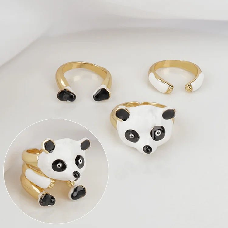cute gold plated Three-layer assembly panda adjustable ring jewelry