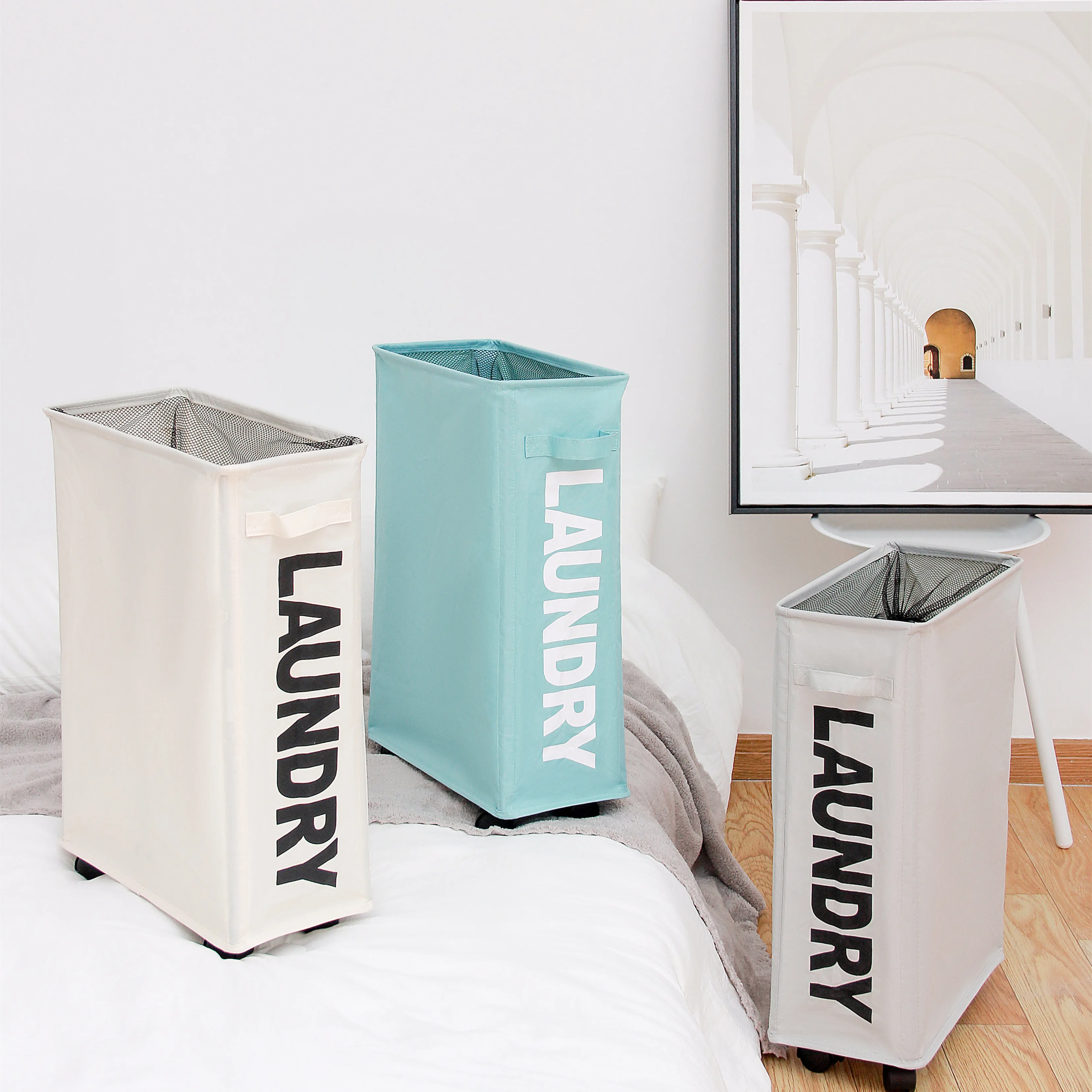 Household Double Easily Transport Foldable  Dirty Laundry Basket Hamper with Wheels Dirty Laundry Basket