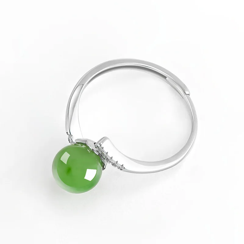 Natural Hetian jade Jasper spinach green round bead jade ring S925 silver inlaid ladies ring fashion ring adjustable D633
