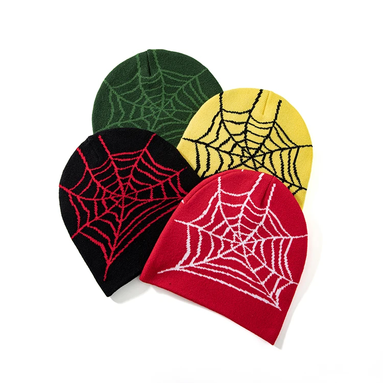 Thick Slouchy Knitted Beanies Y2k Acrylic Beanie Hat With Jacquard Spider Logo