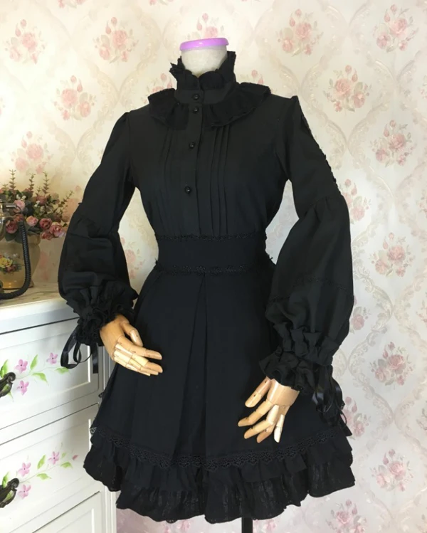Court Lolita Dress Gothic Vintage Lace Bubble Sleeve  Shirt Spring and Autumn Long Sleeve Standing Neck Blouse