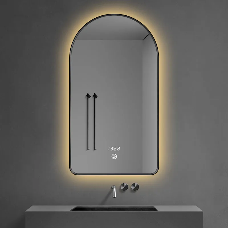 Aluminum alloy frame Arch small LED mirror touch screen led Light bath smart mirror intelligent wall mounted mirror with Antifog