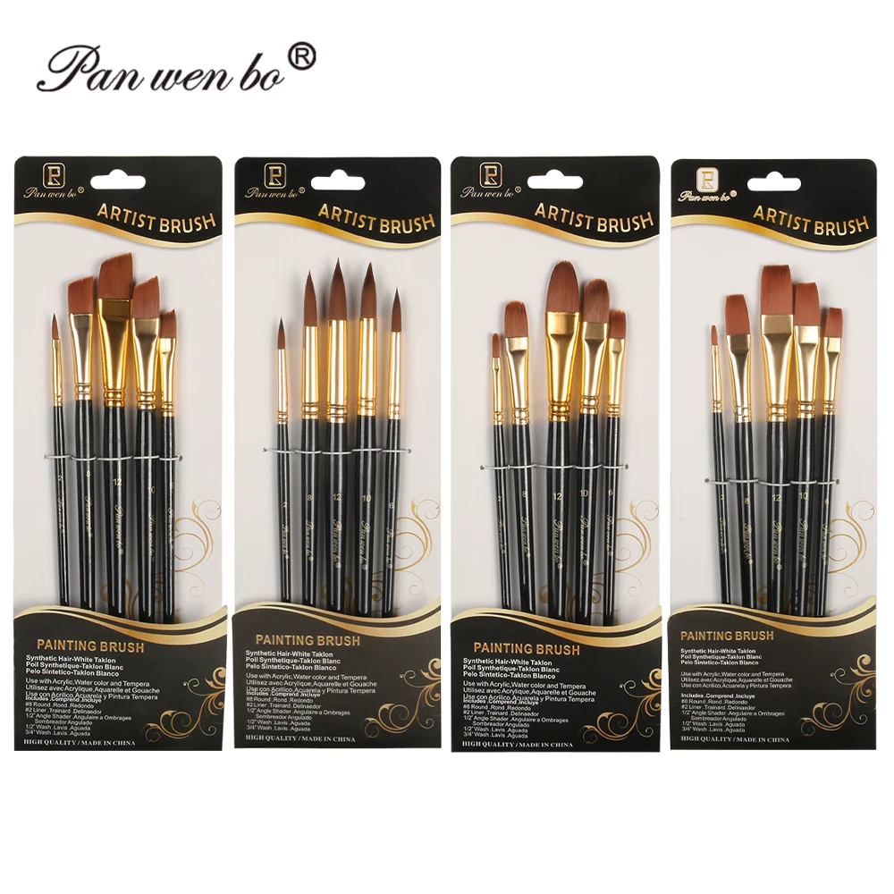 Panwenbo 5pcs Wood Handle Nylon Oblique Peak Hair Oil Watercolor Brush Painting Brush Wholesale Paint Brush Set