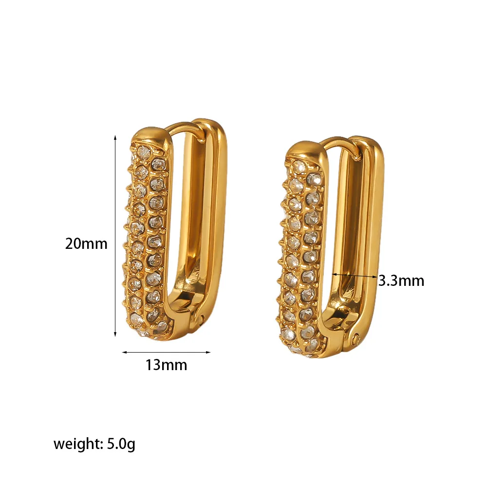 E103 18K Elegant Rectangle Colorful Diamond Huggie Earrings Stainless Steel Square Pave Emerald Zircon U Shape Hoop Earrings