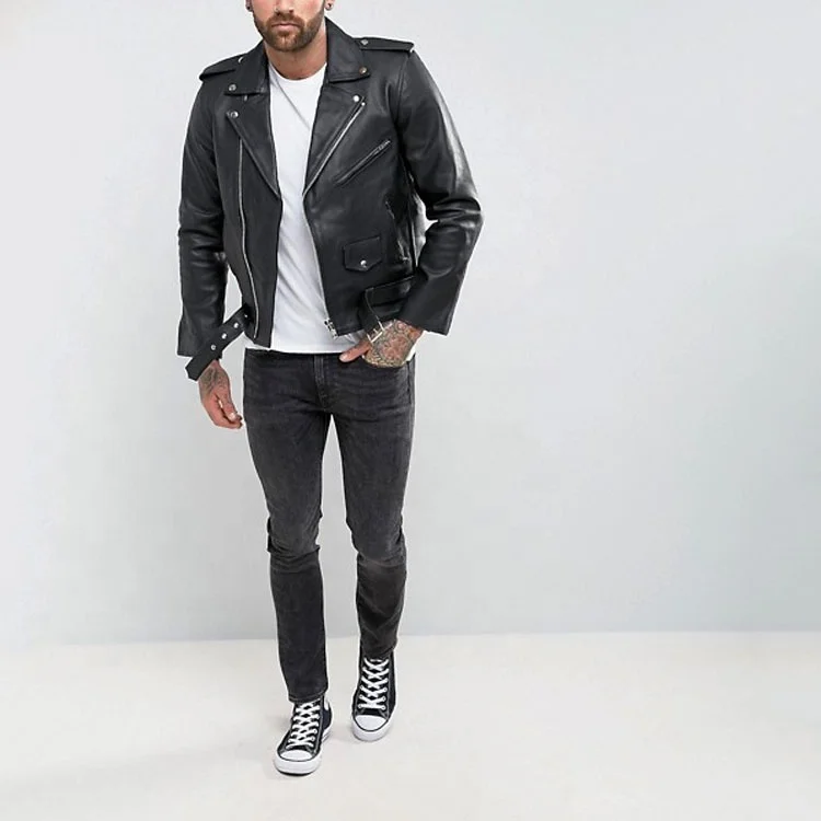 Custom Design Black Vintage Zipper Front Moto Leather Biker Jacket For Men