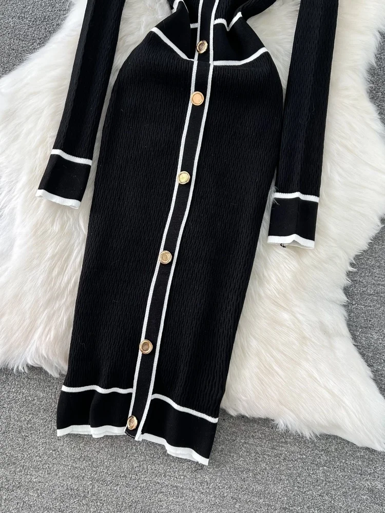 Autumn and Winter French Vintage Fragrant Style Contrast Color Long Sleeve Round Neck Mid length Knitted Wrap Hip Dress