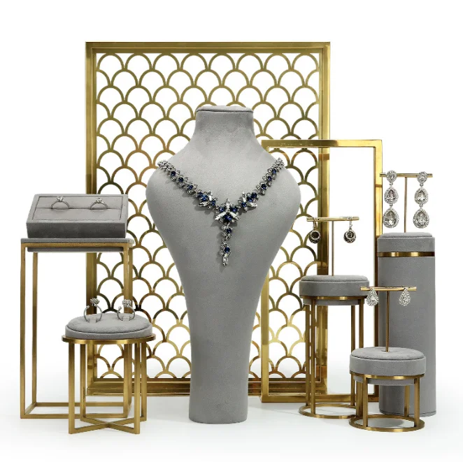 luxury suede metal neck mannequin blue gray jewelry display props holder rack stands set for jewelry