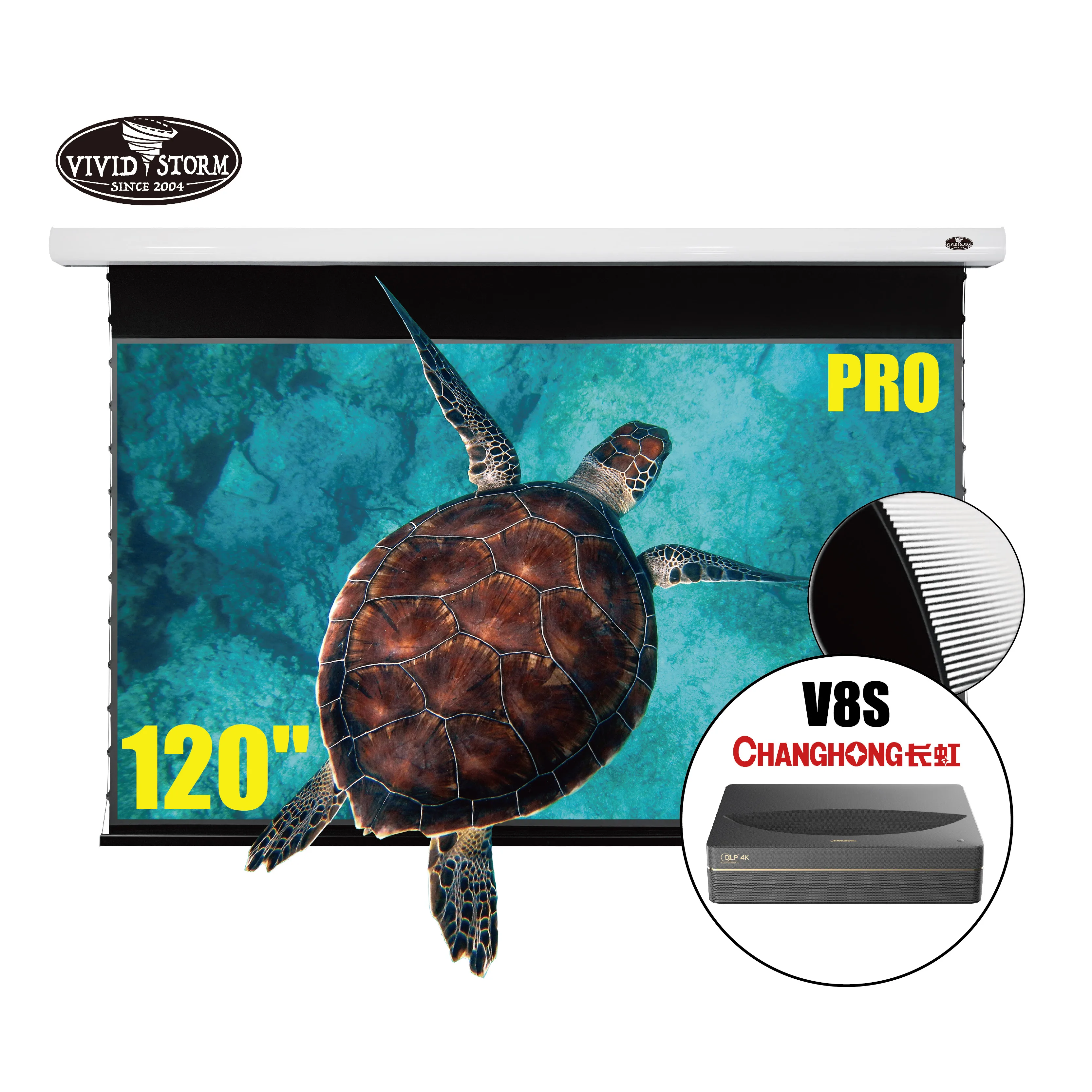 VIVIDSTORM 120 inch PRO Slimline motorized UST Projector Ambient Light Rejecting 4K ceiling projector screen with V8S projector