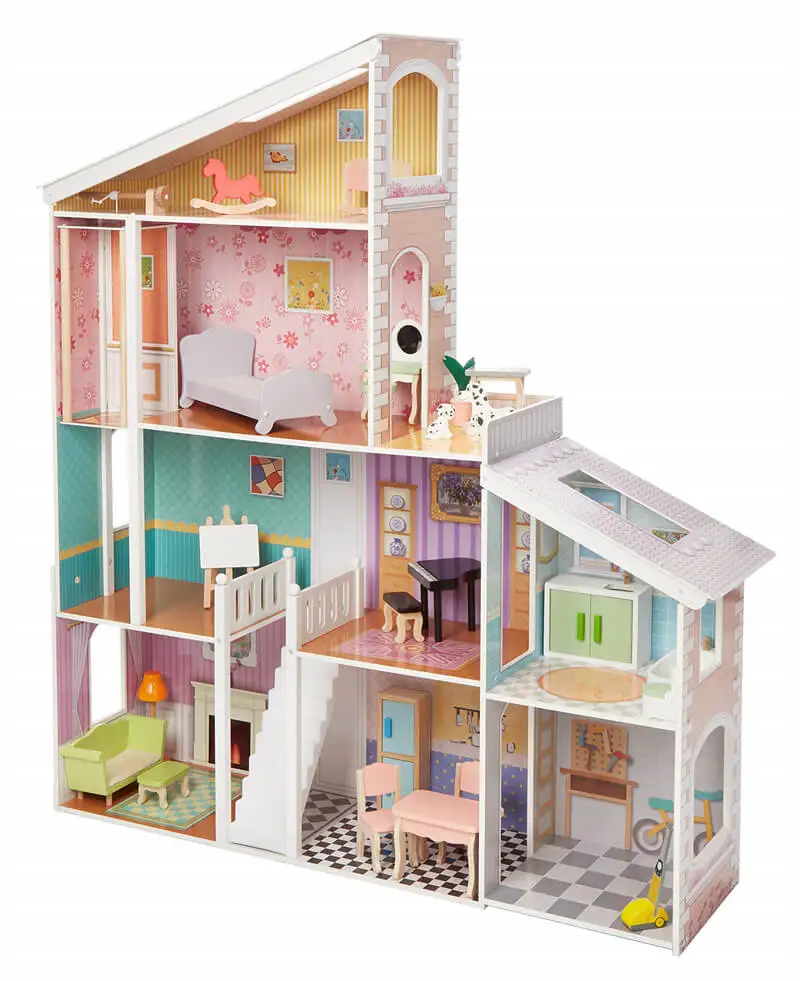 Cheap price wooden make up toy set play house 4 storeys wooden toy doll house with 24pcs mini furnitures