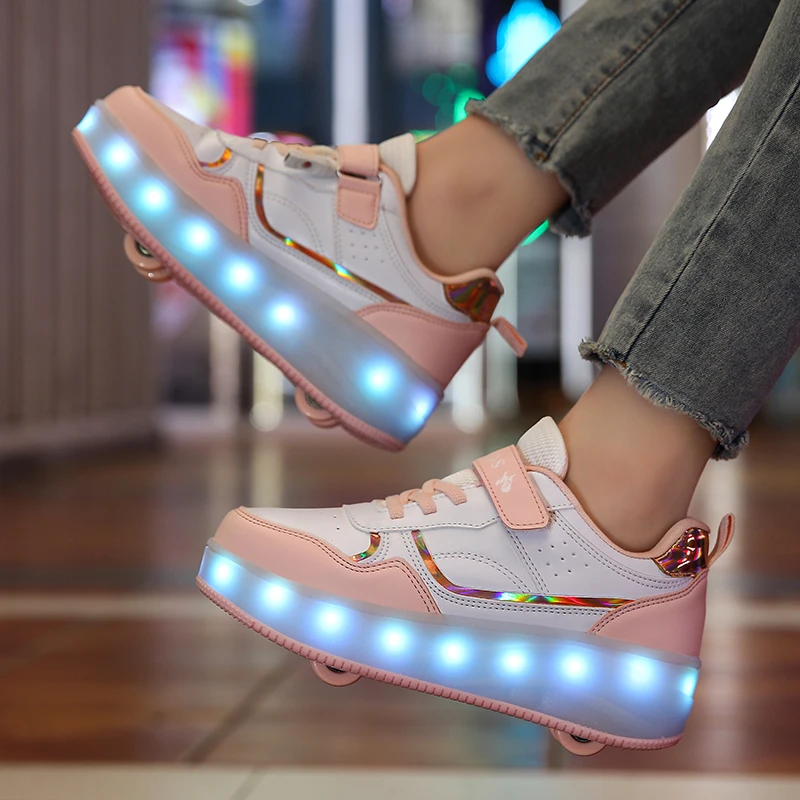 Kids Fashion Sports Skate Shoes, Deformation Flashing Roller Skates, 2 in 1 Wheel Removable Pulley Parkour Walking Shoes.