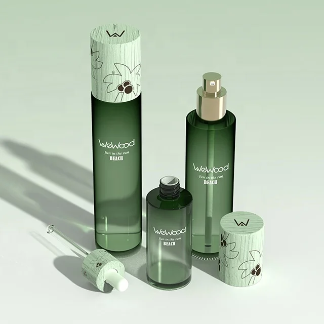 Cosmetic Container Set Lotion Bottle Cream Jar Dropper Bottle Glass Cosmetic Packaging With Wooden Lid