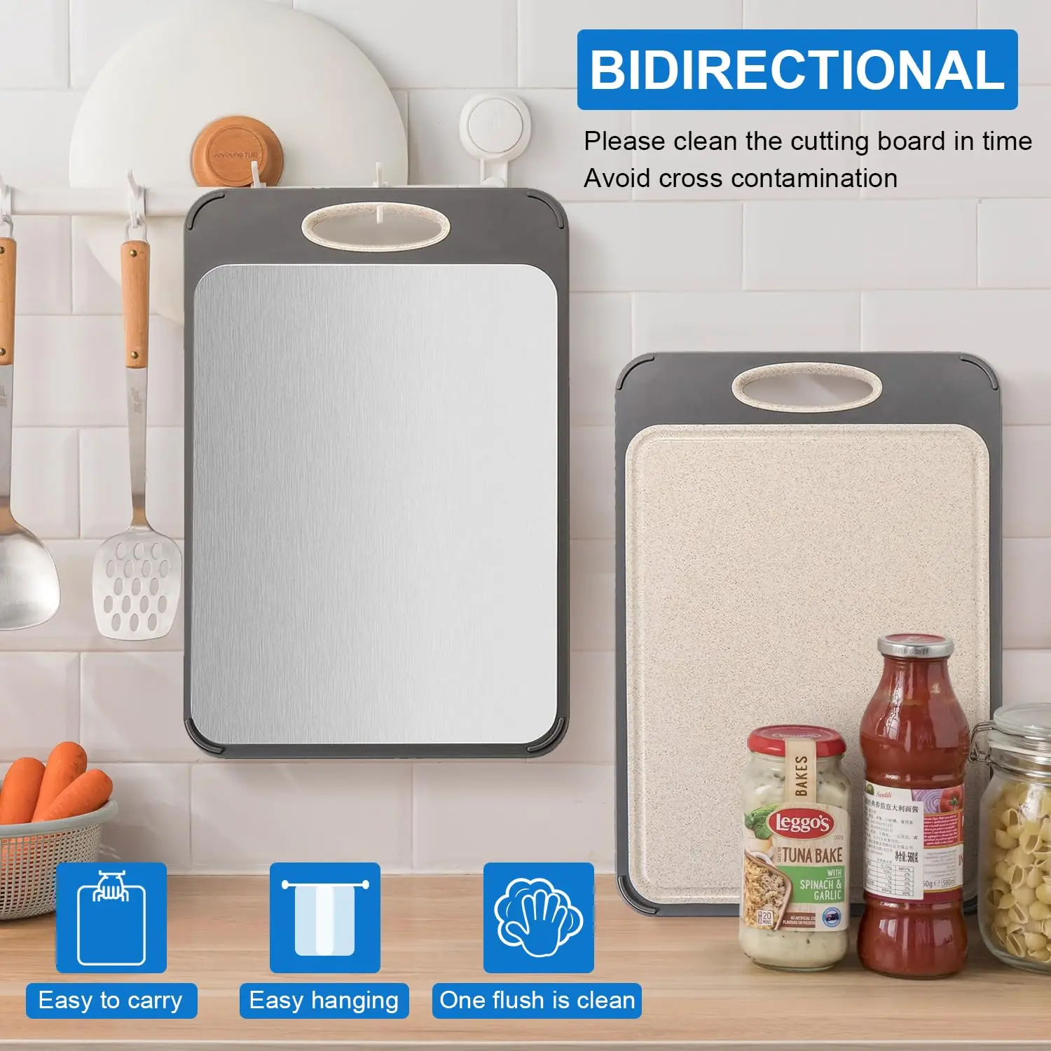 OMGO Double Sided Large 304 Stainless Steel Chopping Board Food-Grade Stainless Steel & Wheat Straw PP Cutting Board