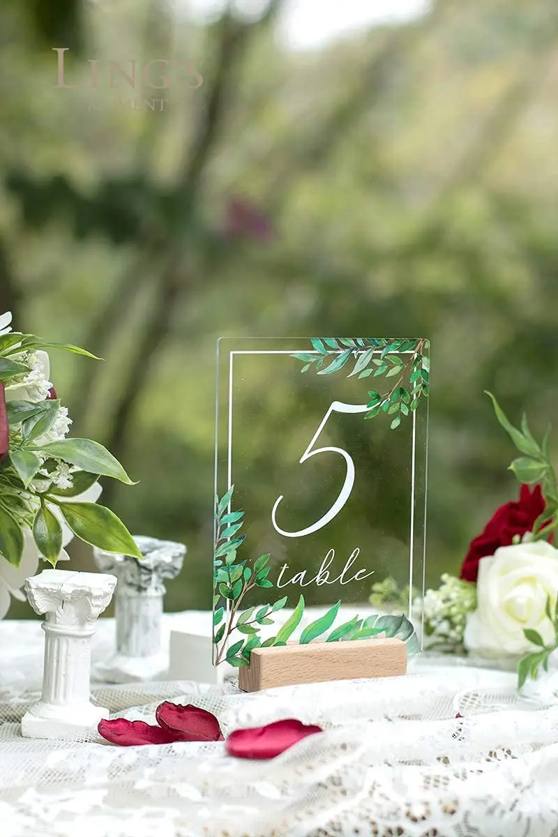 Acrylic Table Numbers For Wedding 1-20 With Natural Wood Stands Greenery Calligraphy