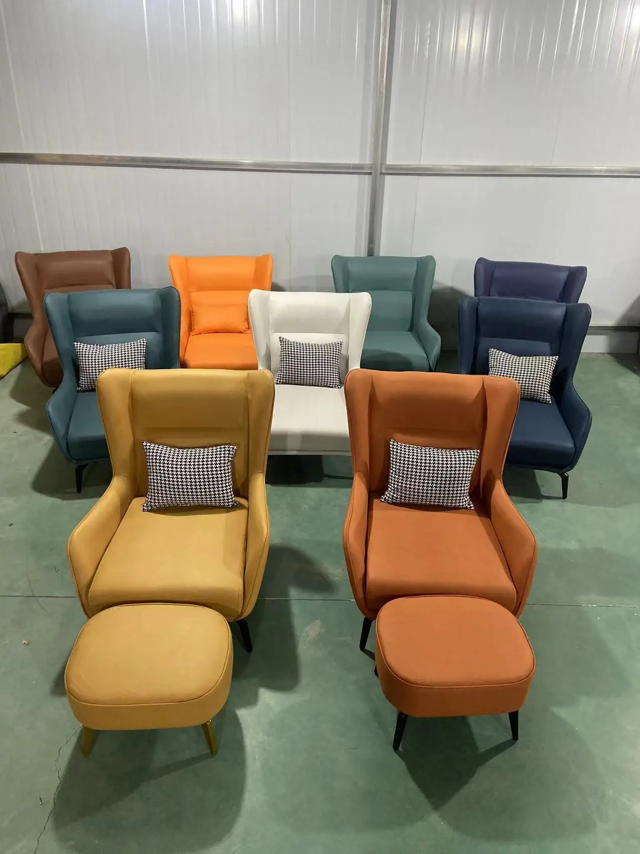 Modern simple armchair PU leather fabric iron frame for living room Nordic style leisure chair high back single sofa with stool