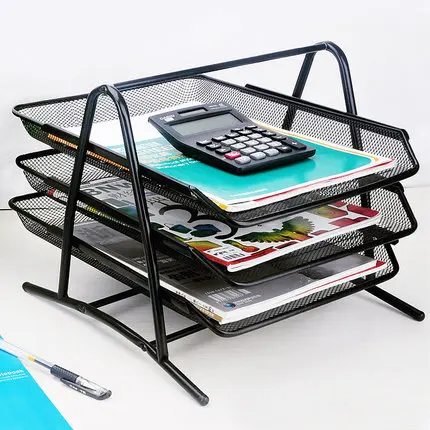 2022 Black Metal Mesh Organizer Multi-layer Storage Rack Office 3 Sliding Trays Desktop Organizer 3 Tier File Tray