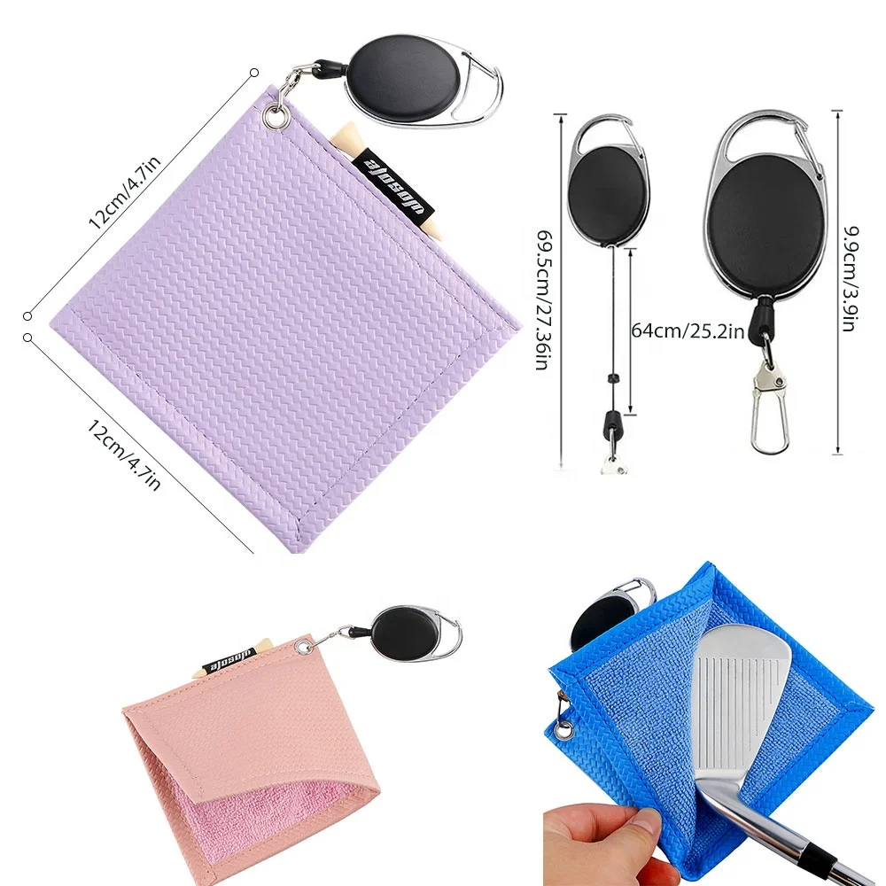 Wholesale Golf PU Towel With Woven Pattern and Soft Terry Retractable Key Chain Clip Golf Cleaning Towel