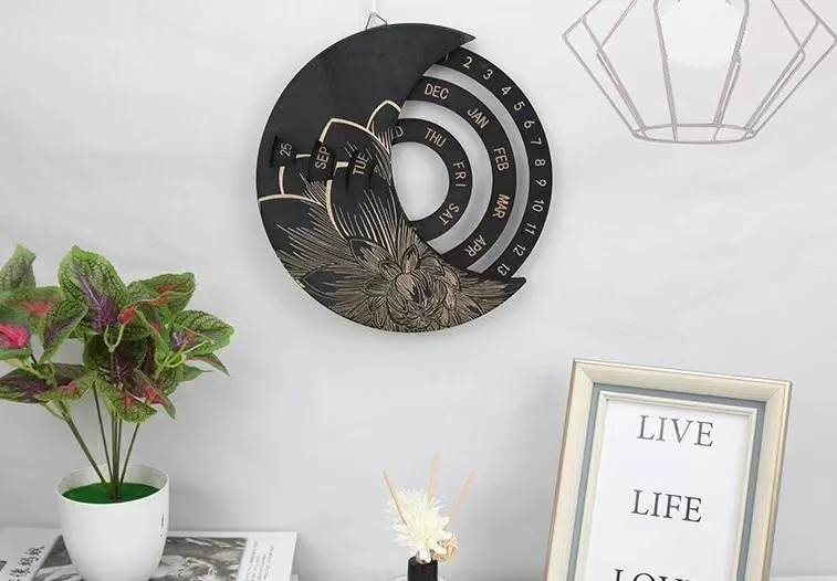 Round rotating wooden perpetual laser engraved wall decoration moon hanging calendar