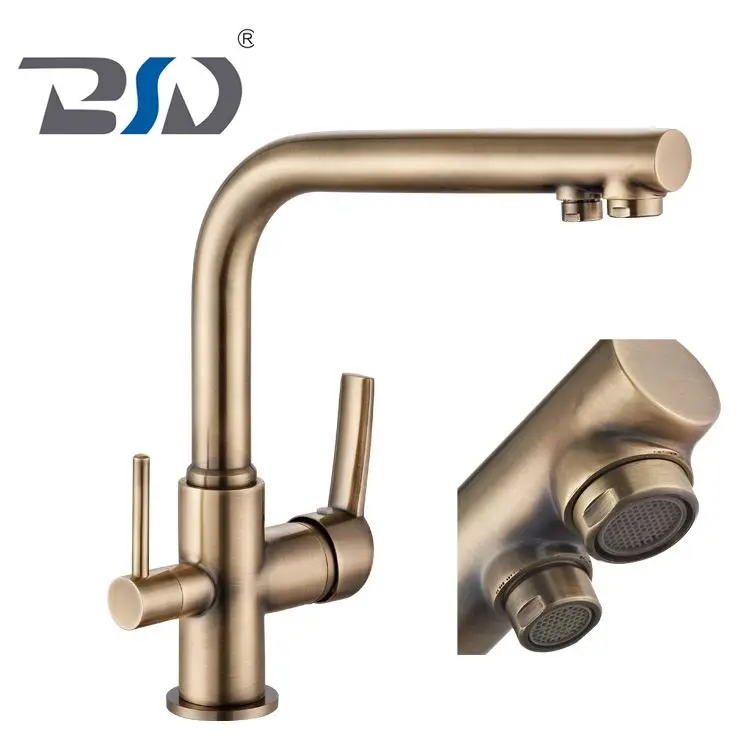 High Quality Brass Long Neck 3 Way Brushed Nickel Tri-flow Kitchen Faucet