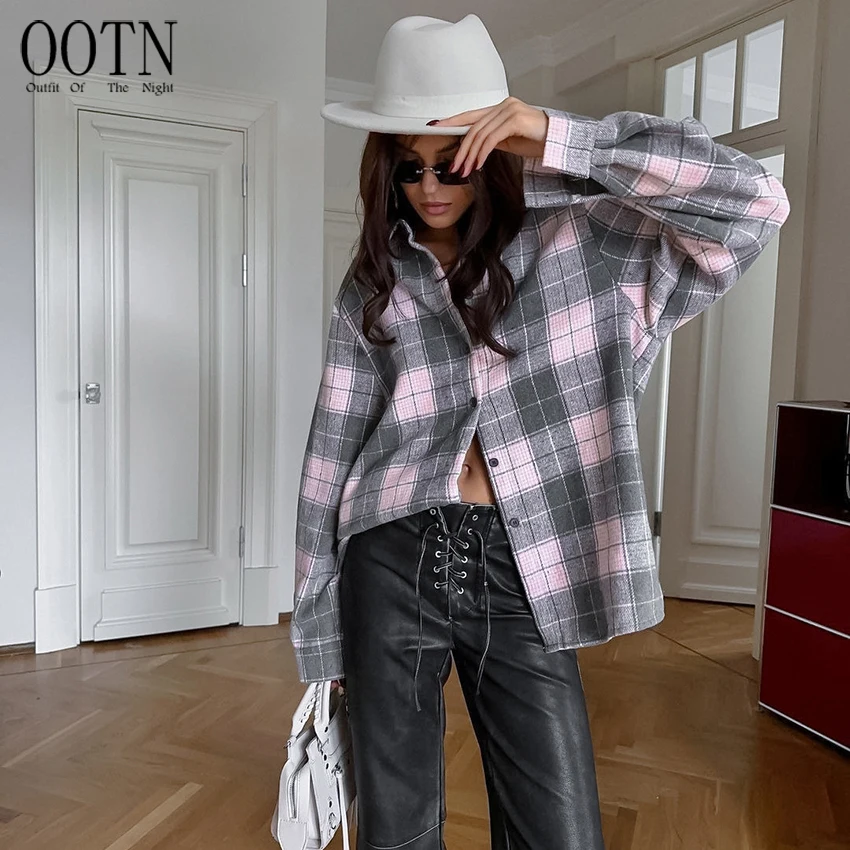 OOTN Drop Shoulder Women Lapel Shirts Casual Street Style Top Spring 2024 Female Long Sleeve Button Plaid Blouses