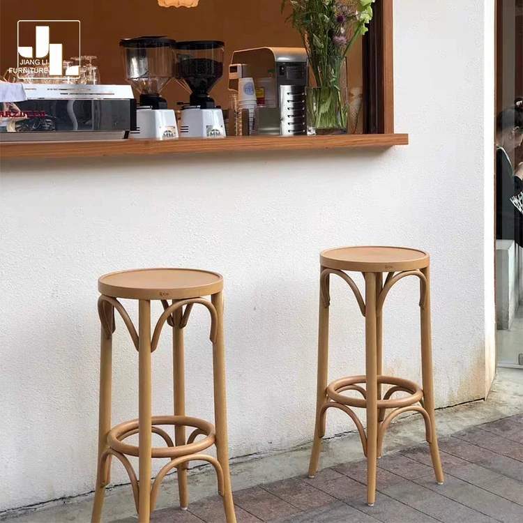 Modern Simple Commercial Bar Restaurant Height Wood Furniture Chair Beech Wood Rattan Backless Bar Stools