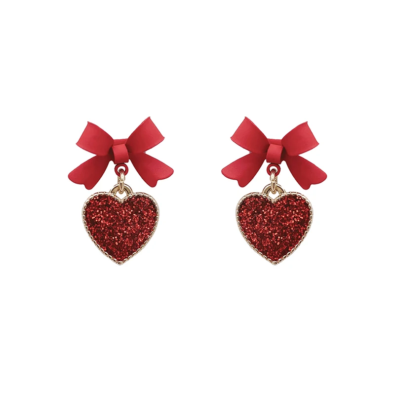 ED64858 Korean cute red heart hypoallergenic bowknot earrings fashion 14K gold plated women jewelry