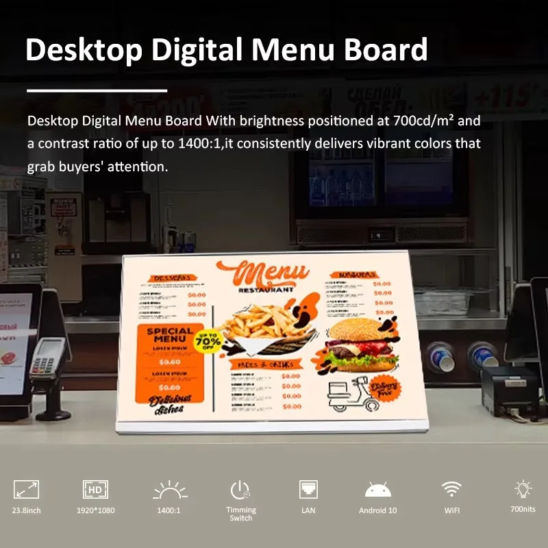 Android tablet indoor restaurant touch order screen boards for milk tea shop restaurants desktop digital menu board