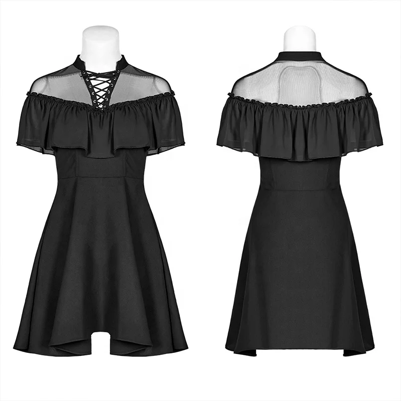 Punk Rave  Drop Shipping Wholesale OPQ-533 Gothic Dress Summer Short Sleeve Patchwork Mesh Black Mini  Dress