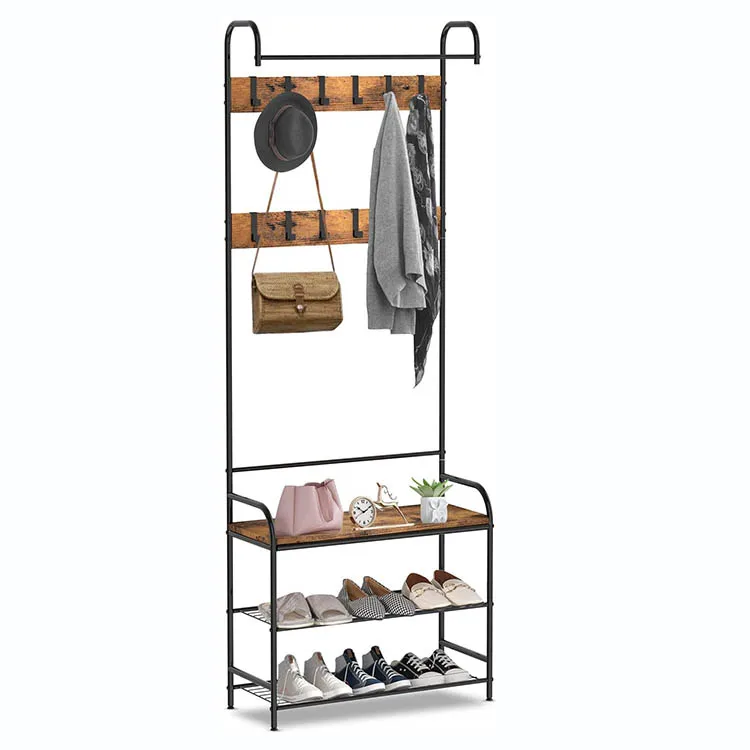 Hallway bedroom vintage 2-layer Heavy Duty coat racks shoe bench Wooden With Coat Hanger