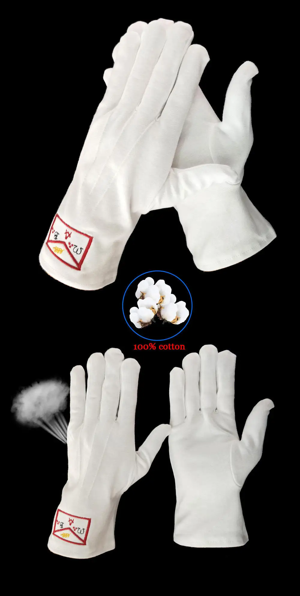 White 100% Cotton Formal Marching Parade Masonic Embroidered Gloves