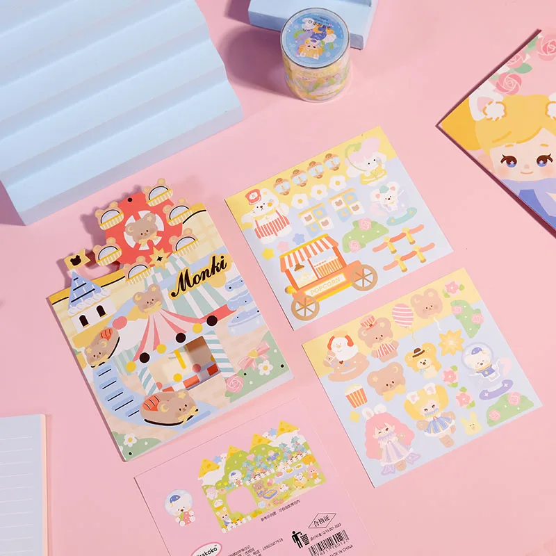 Kirakoko Play Scenes Sticker Farm Restaurant Amusement Park Theme Sticker Play Set Bear Dog Cat Rabbit Duck Mouse Decal Stickers