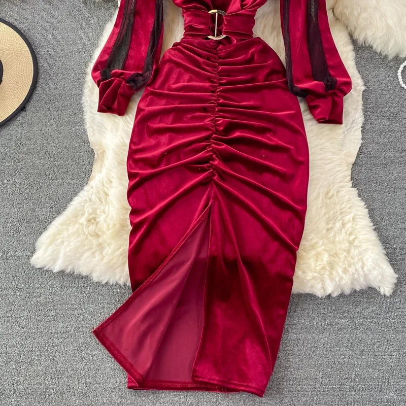 Fashion Long Bodycon Party Elegant Design Vestidos Velvet Evening Dress for Women