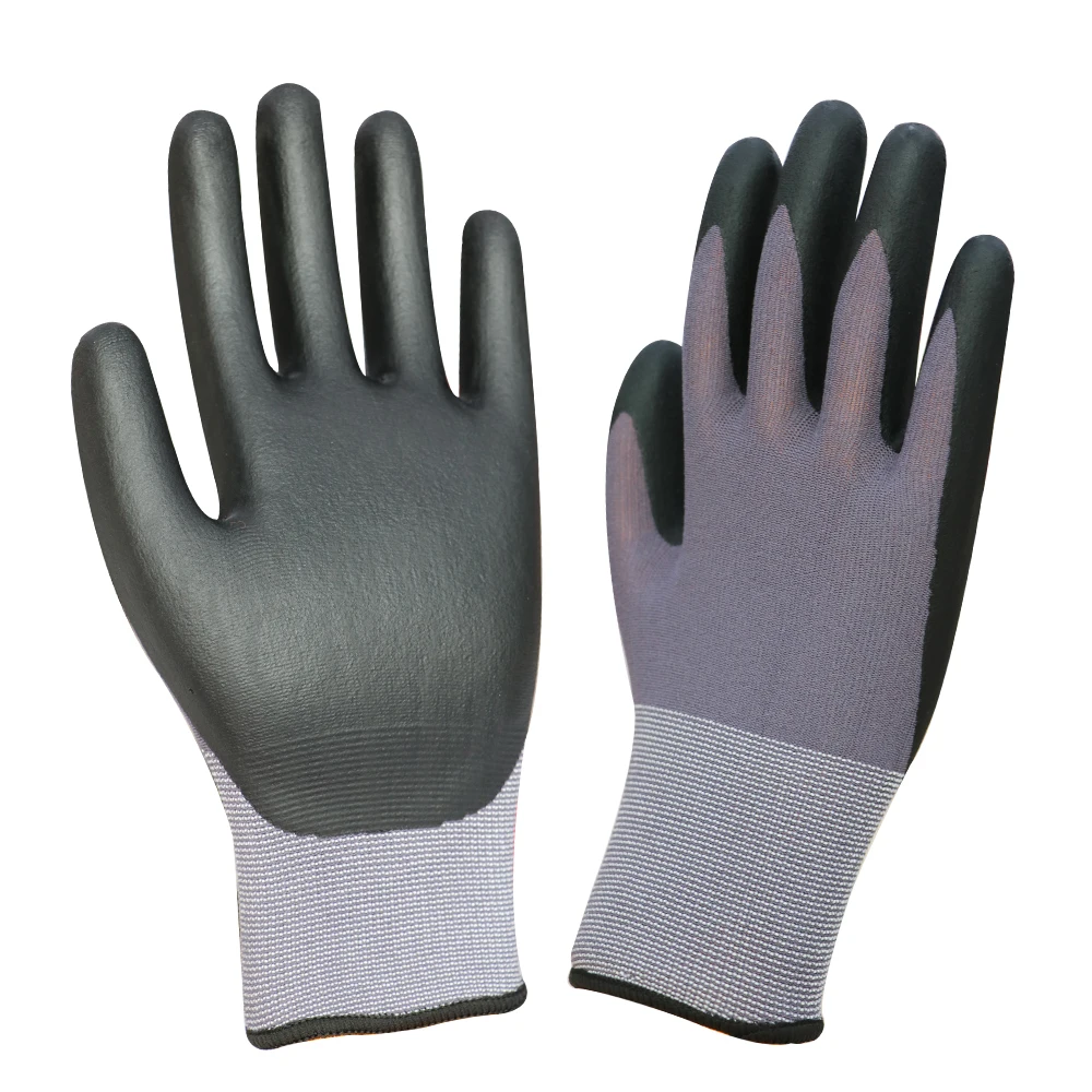 15 Needle Gray Nitrile Work Gloves with Seaml Knitted Nylon Lining Ultra-Fine Foam Black Palm Immersion Safety Usage