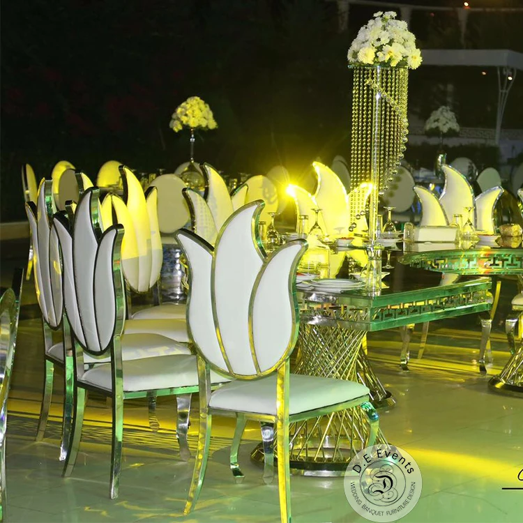 Wedding design stainless steel metal frame event banquet dining chair silver and white wedding chair