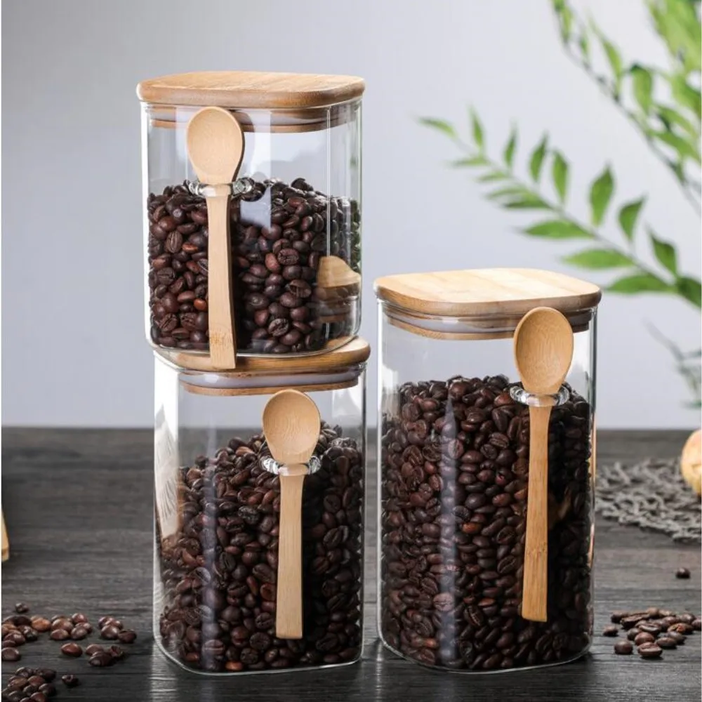Wholesale Kitchen Storage Jar Food Square Clear  glass container jar with spoon kitchen utensils with Bamboo Lid