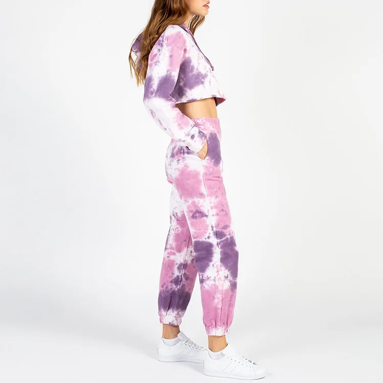 Custom Tie Dye Hip Hop Sports Street Dance Tracksuit Fashion Style Oversized Fit Crop Hoodie Slim Leg Opening Pants Sweatsuit