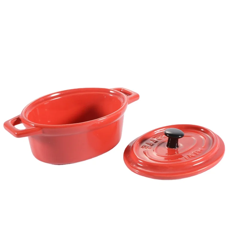 Oval Red Ceramic Lasagna Casserole Dish Covered Rectangular Double Ear Baking Pot With Lid Cookware For Home