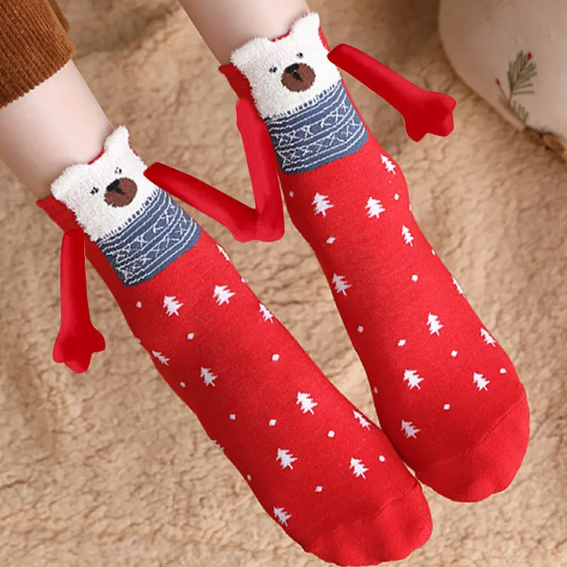 Autumn Winter Knit Snowflake Snowman Reindeer Magnetic Holding Hands Christmas Socks