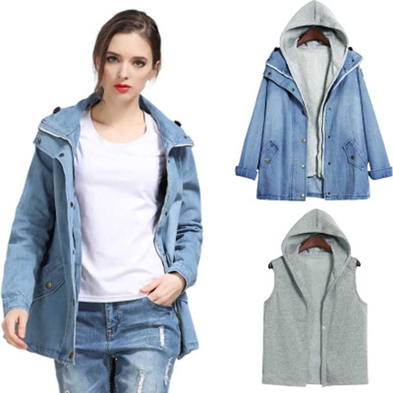 Ladies Two Piece Hooded Vest Coat Women Blue Jeans Jacket Plus Size Denim Jackets for Woman
