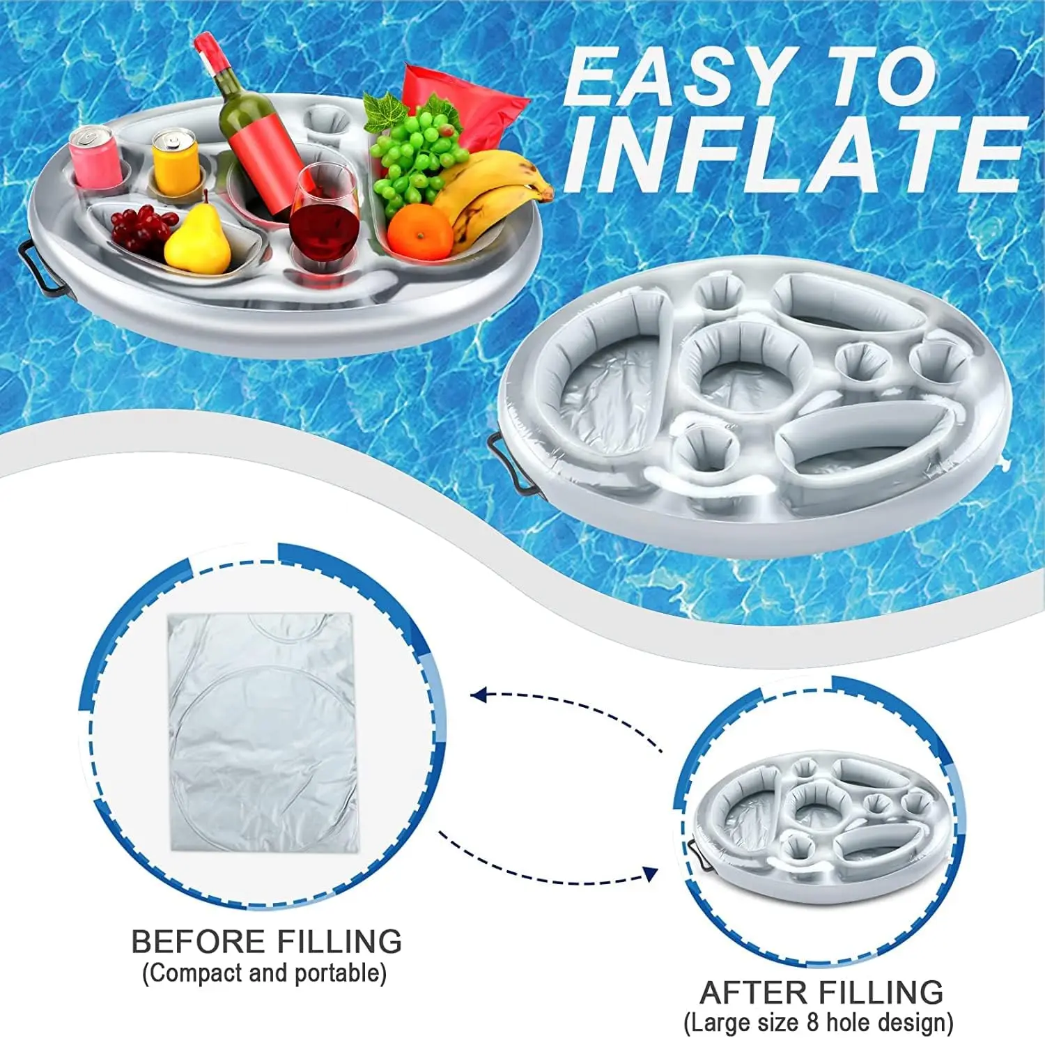 Factory Custom Floating 8-hole Beer Cup Inflatable Drink Holder for Swimming Pool Spa Bar Hot Tub Beach Party Snack Fruit Tray