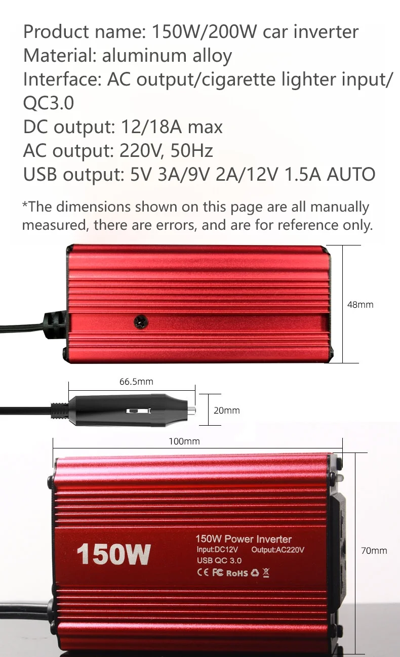 US UK Europe Universal Socket Power Inverter DC AC Converter 12V 24v to 110V 120V 220V 230 Car Inverter 150w