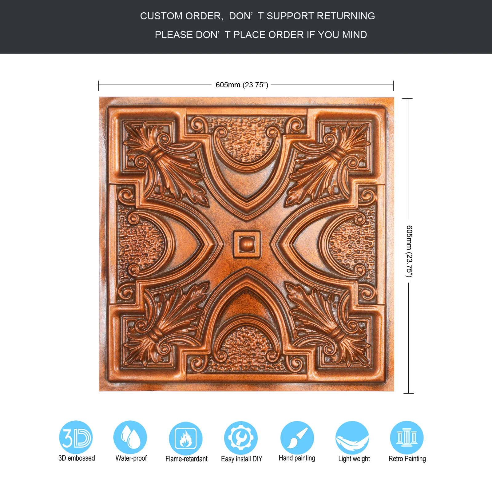 Vintage Ceiling Tin Tiles 3D Embossed Wall Board Drop in Ceiling Panels PL11 Archaic Copper