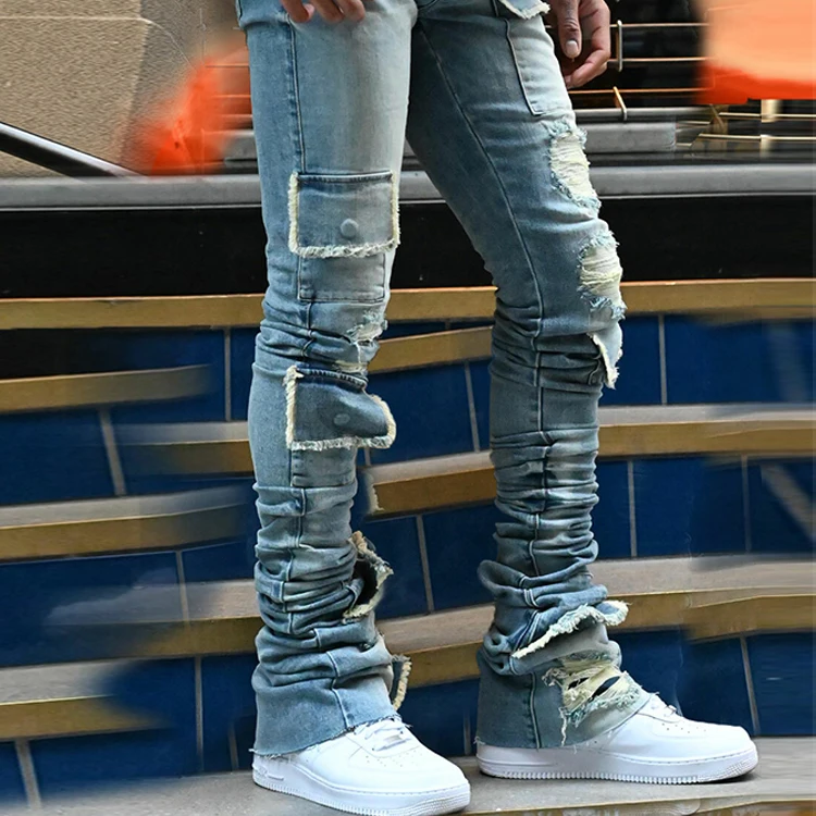 HuiLi High street fashion colorful jeans OEM brand multi pocket washed cargo denim pants slim fit custom stacked jeans men