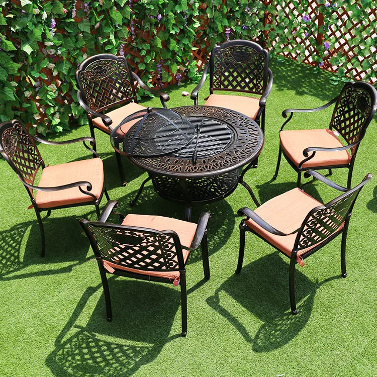 Garden Set Cast Aluminum Outdoor Furniture Patio Dining tavolo da giardino Chair Set Charcoal BBQ Table