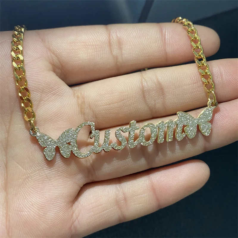 Customizable Stainless Steel 18K Gold Plated Letter Name Necklace - Personalized European and American  Cuba Sticker Name Nec