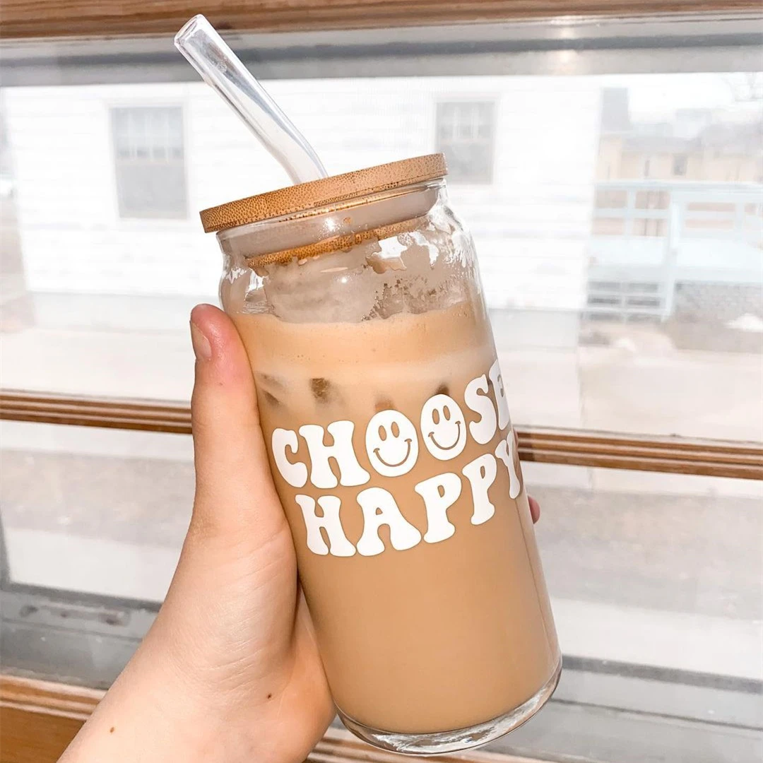 Wholesale Custom Sublimation 13oz Clear Can Shaped Glass Cup Glass Tumbler with lid straw